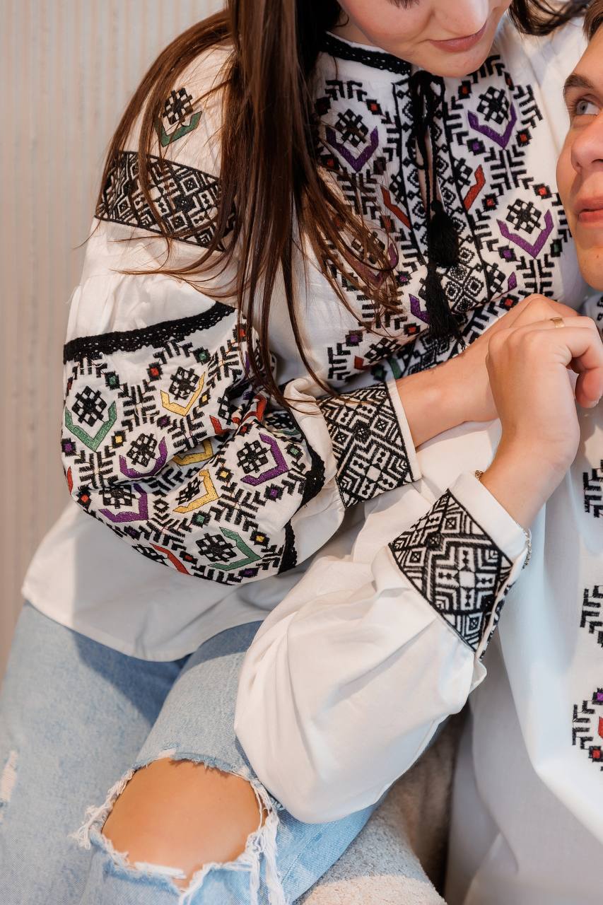Women's White Tie-Neck Embroidered Vyshyvanka Shirt - Matching Couple Style product photo 3