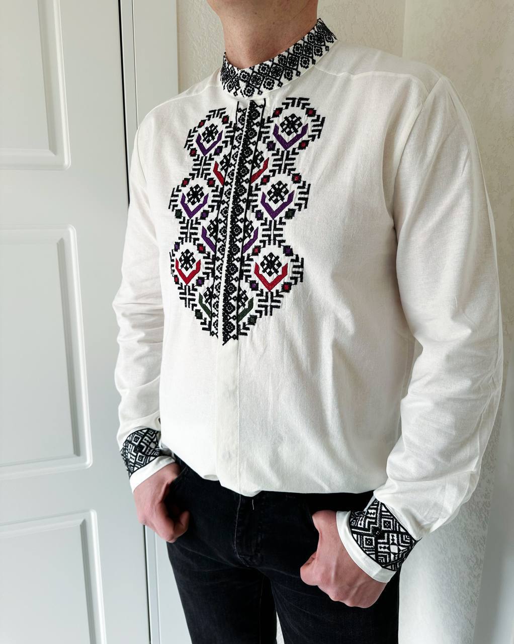 Men's White Cotton Embroidered Vyshyvanka Shirt - Button Front product photo 1