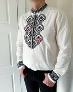 Men's White Cotton Embroidered Vyshyvanka Shirt - Button Front product photo 1