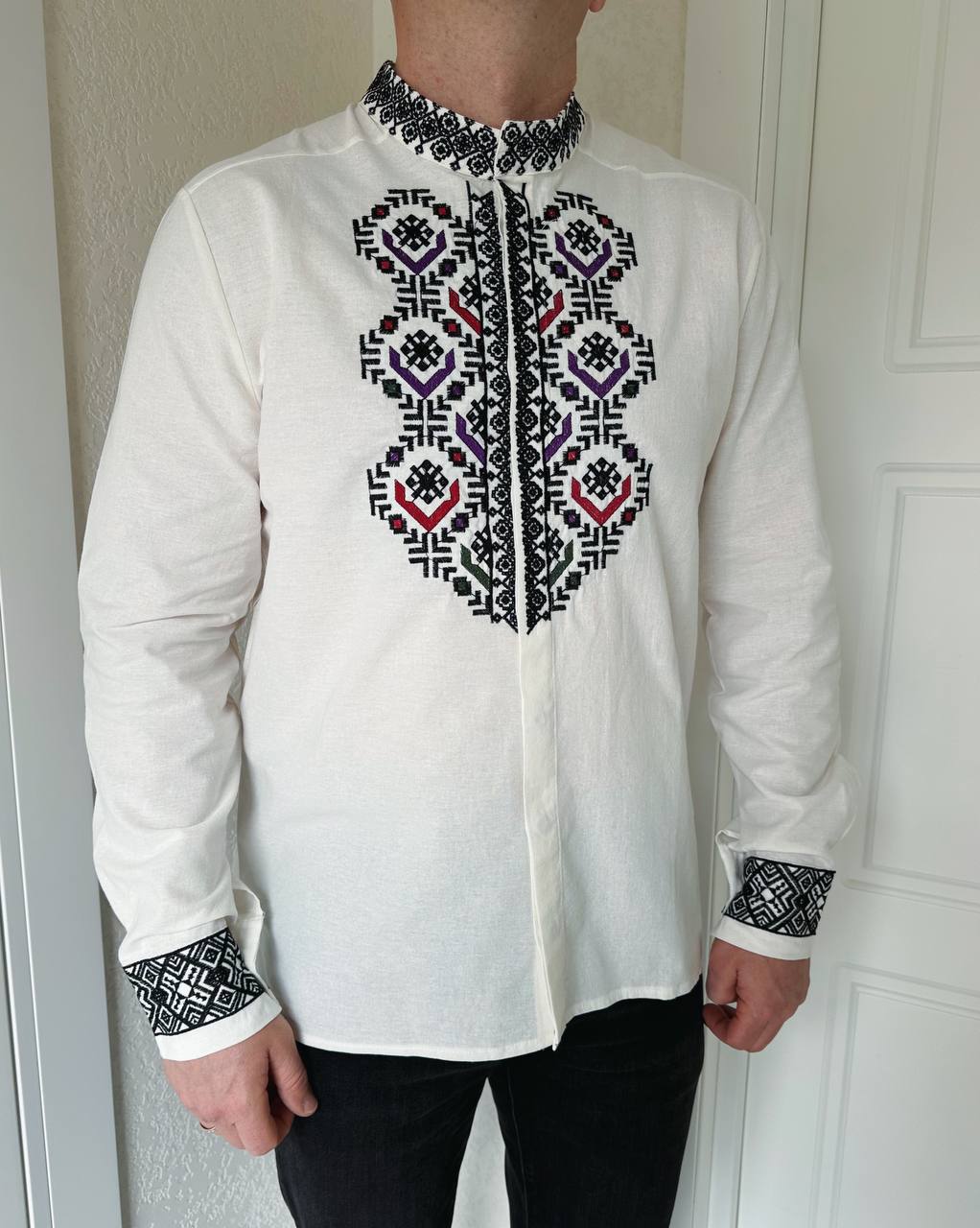 Men's White Cotton Embroidered Vyshyvanka Shirt - Button Front product photo 2