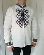 Men's White Cotton Embroidered Vyshyvanka Shirt - Button Front product photo 2