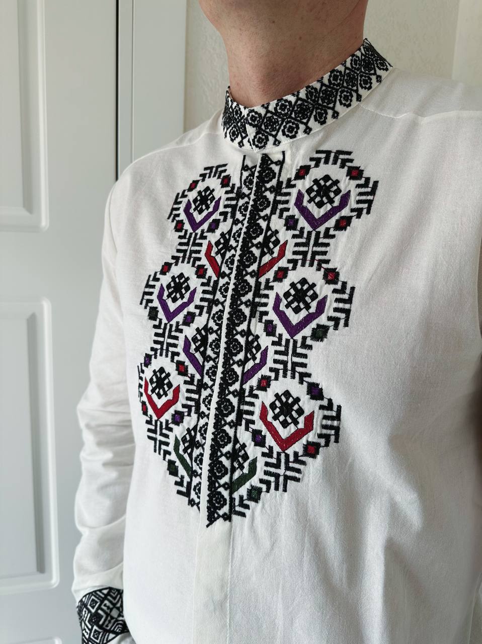 Men's White Cotton Embroidered Vyshyvanka Shirt - Button Front product photo 3