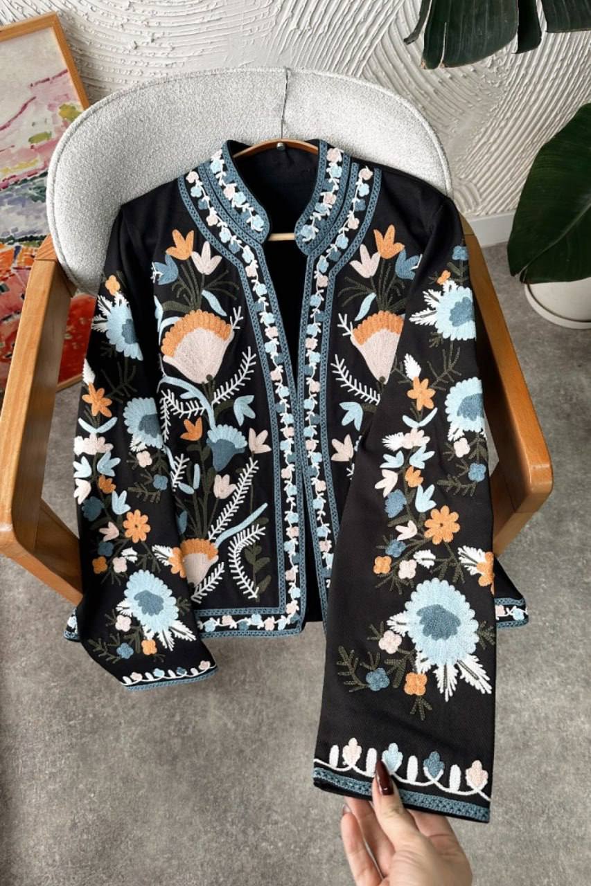 Women's Denim-Cotton Embroidered Jacket - Open Front Vyshyvanka Layer product photo 1