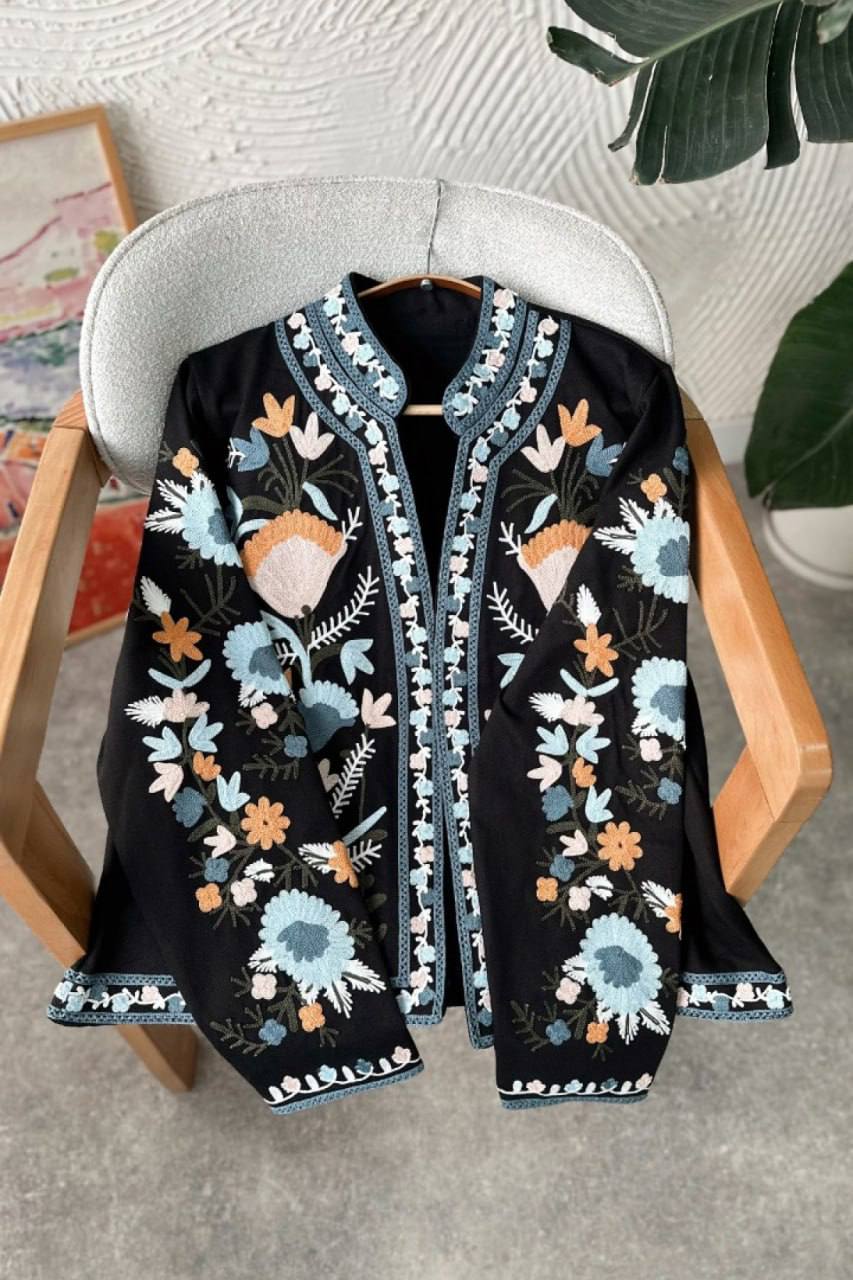 Women's Denim-Cotton Embroidered Jacket - Open Front Vyshyvanka Layer product photo 3
