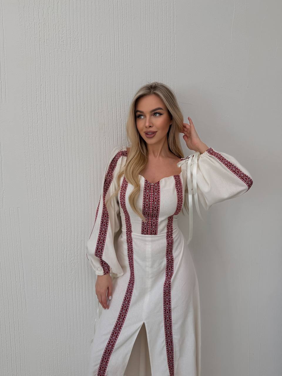 Women's Linen Embroidered Maxi Dress - Lace-Up Back