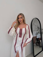 Women's Linen Embroidered Maxi Dress - Lace-Up Back