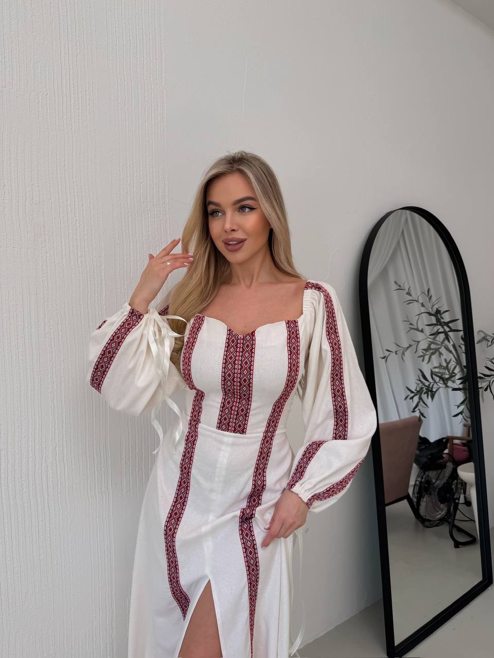 Women's Linen Embroidered Maxi Dress - Lace-Up Back
