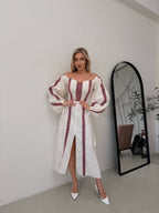 Women's Linen Embroidered Maxi Dress - Lace-Up Back