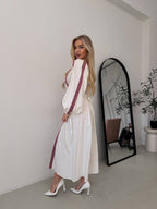 Women's Linen Embroidered Maxi Dress - Lace-Up Back