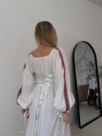 Women's Linen Embroidered Maxi Dress - Lace-Up Back