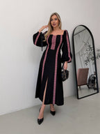 Women's Linen Embroidered Maxi Dress - Lace-Up Back
