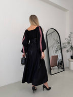 Women's Linen Embroidered Maxi Dress - Lace-Up Back