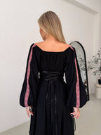 Women's Linen Embroidered Maxi Dress - Lace-Up Back