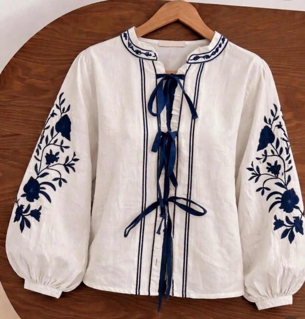 Ruta Floral Tie-Front Muslin Blouse