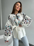 Svitlytsia White Embroidered Vyshyvanka Blouse with Ties
