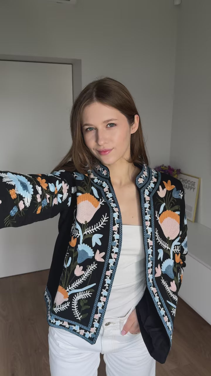 Women's Denim-Cotton Embroidered Jacket - Open Front Vyshyvanka Layer