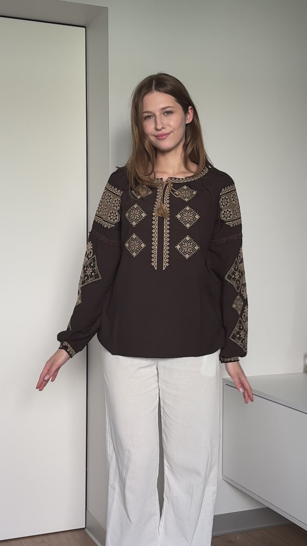 Women's Chocolate Embroidered Vyshyvanka Shirt - Tie Neck