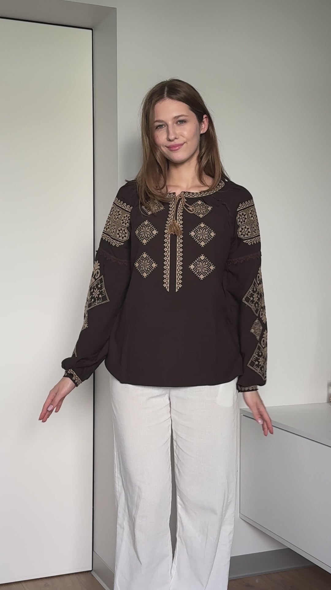 Women's Chocolate Embroidered Vyshyvanka Shirt - Tie Neck