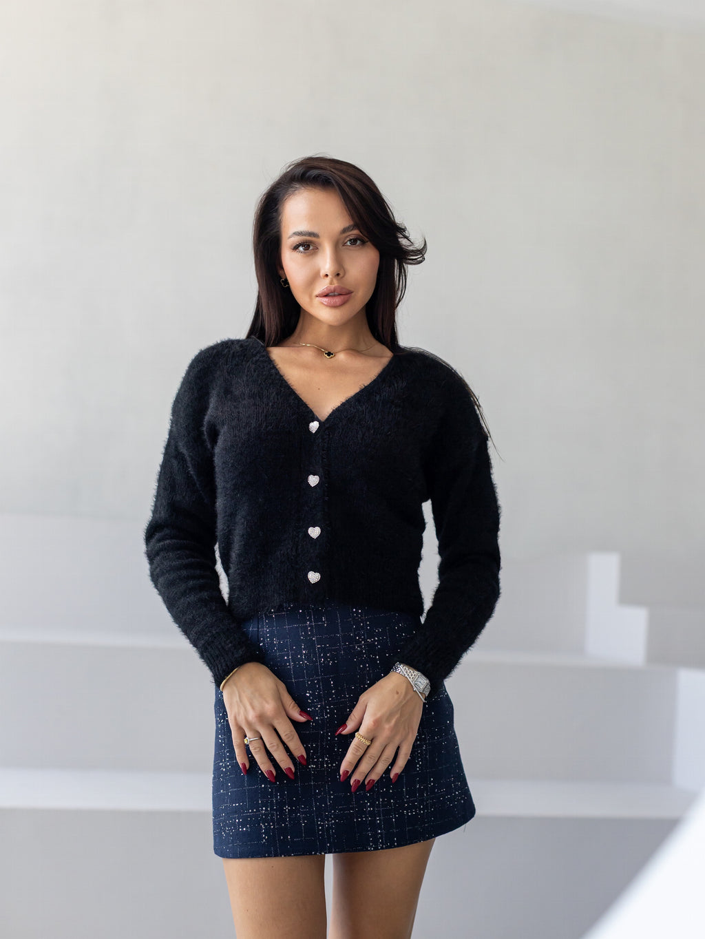 Women's Fluffy V-Neck Button Cardigan in black, alternate view