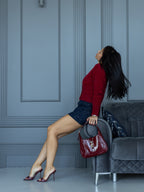 Women's Fluffy V-Neck Button Cardigan in burgundy, alternate view