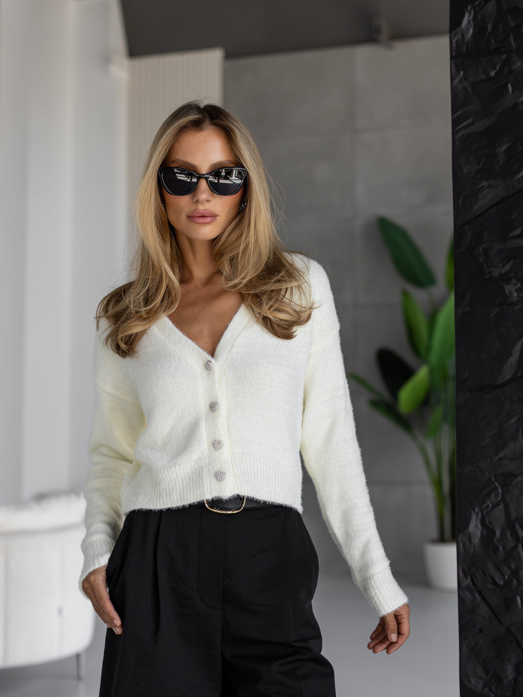 Women's Fluffy V-Neck Button Cardigan in milk, main view