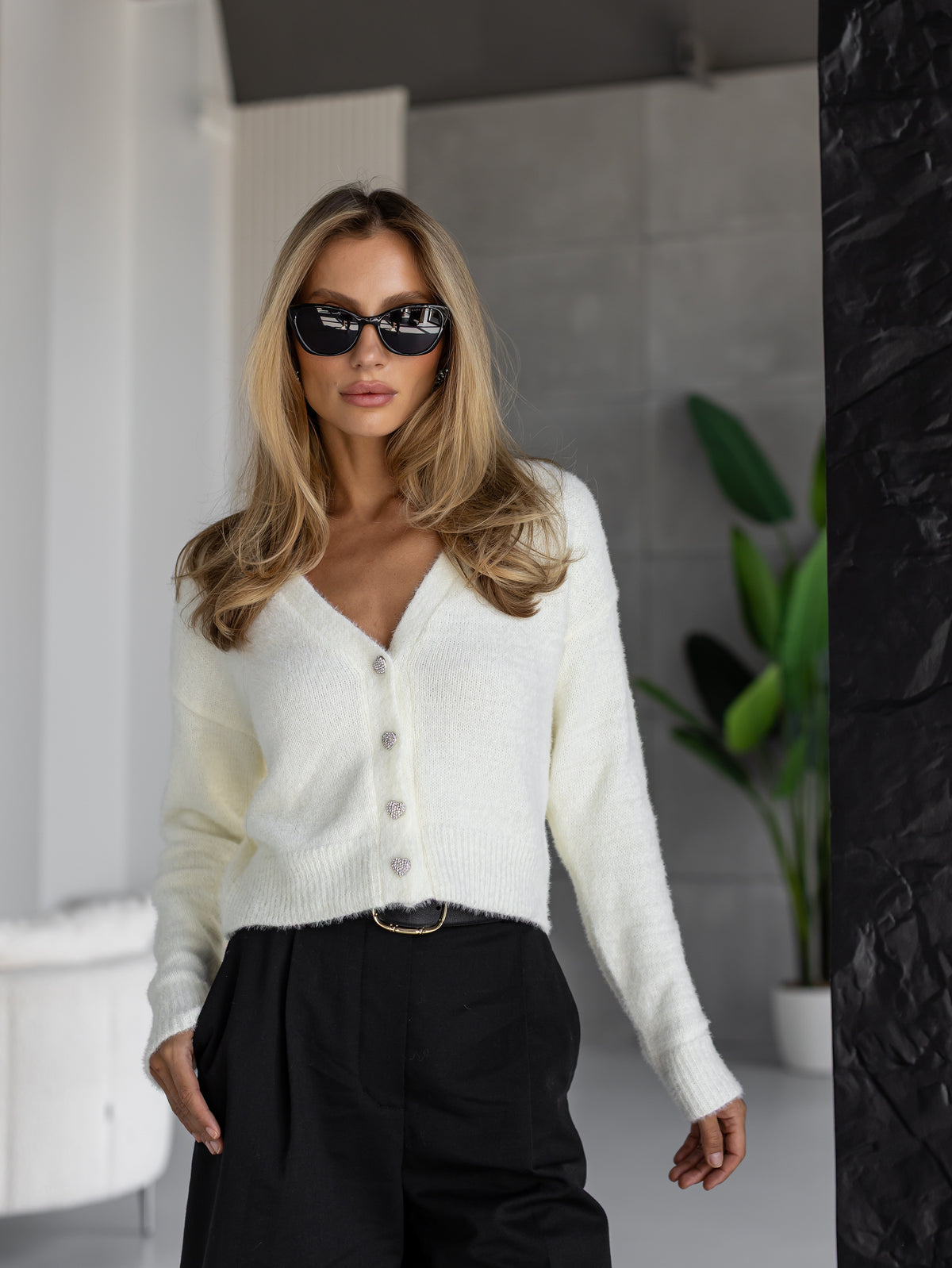 Women's Fluffy V-Neck Button Cardigan in milk, main view