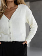 Women's Fluffy V-Neck Button Cardigan in milk, alternate view
