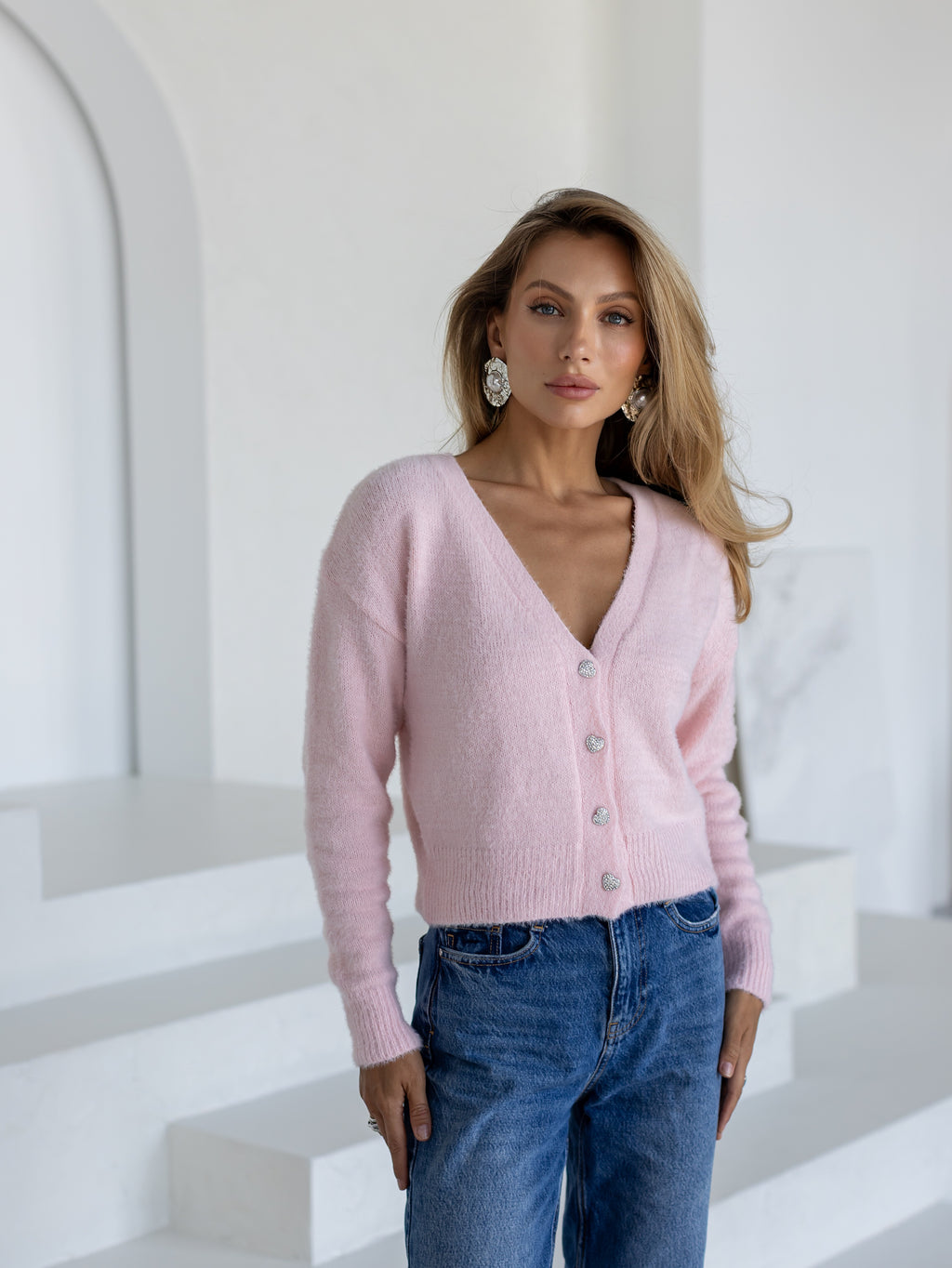 Women's Fluffy V-Neck Button Cardigan in pink, alternate view