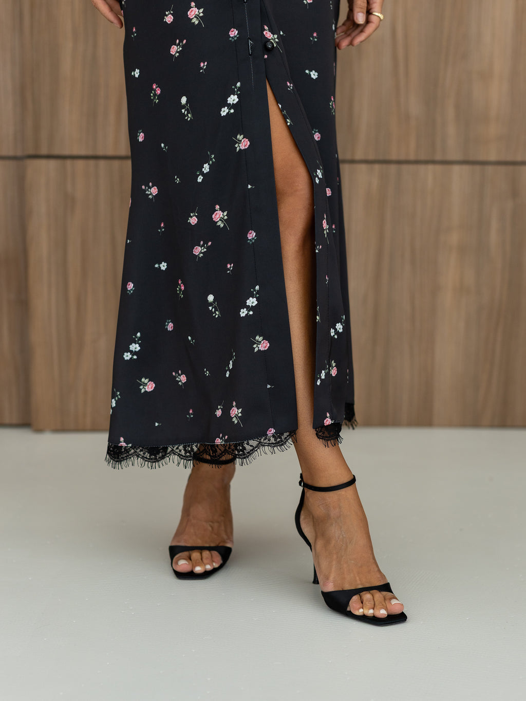 Women's Lace-Trim Satin Maxi Dress with Choker Collar in black print, alternate view