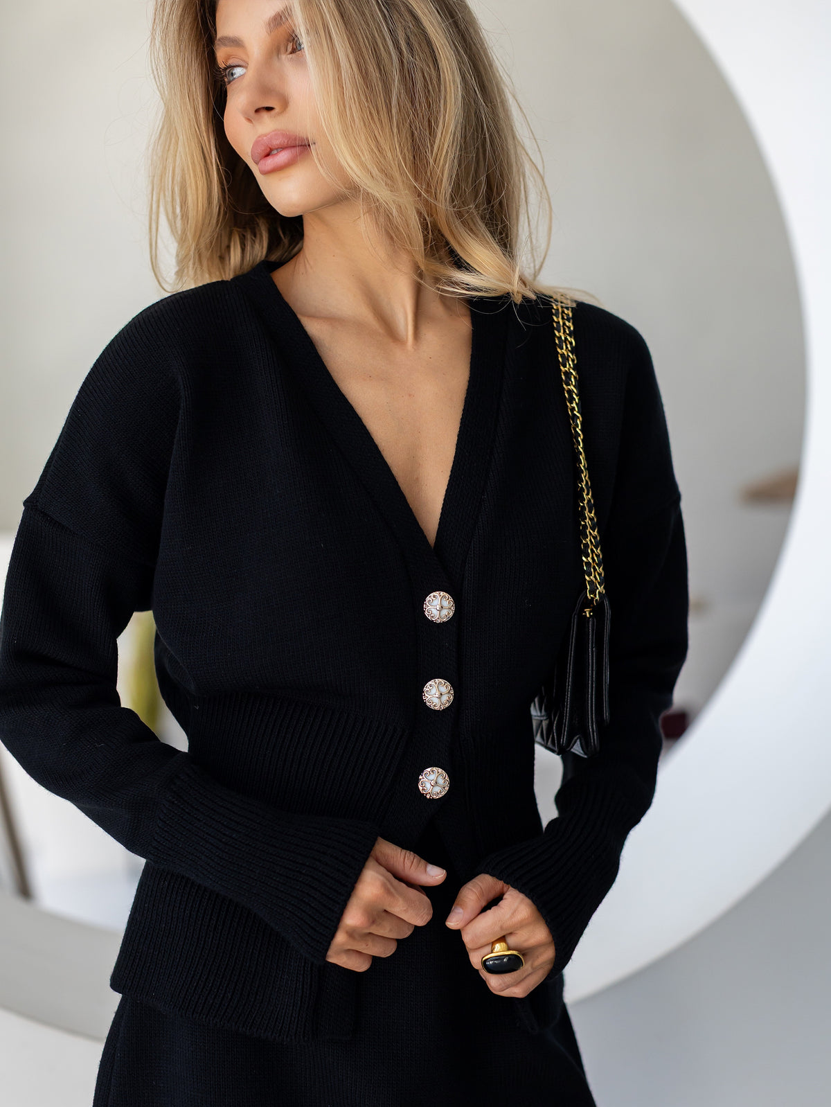 Women's Wool-Blend Cardigan and Mini Skirt Set in black, alternate view