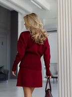 Women's Wool-Blend Cardigan and Mini Skirt Set in burgundy, alternate view
