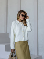 Women's Wool-Blend Collared Button Cardigan in milk, main view