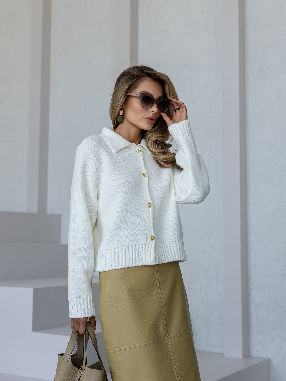 Women's Wool-Blend Collared Button Cardigan in milk, main view