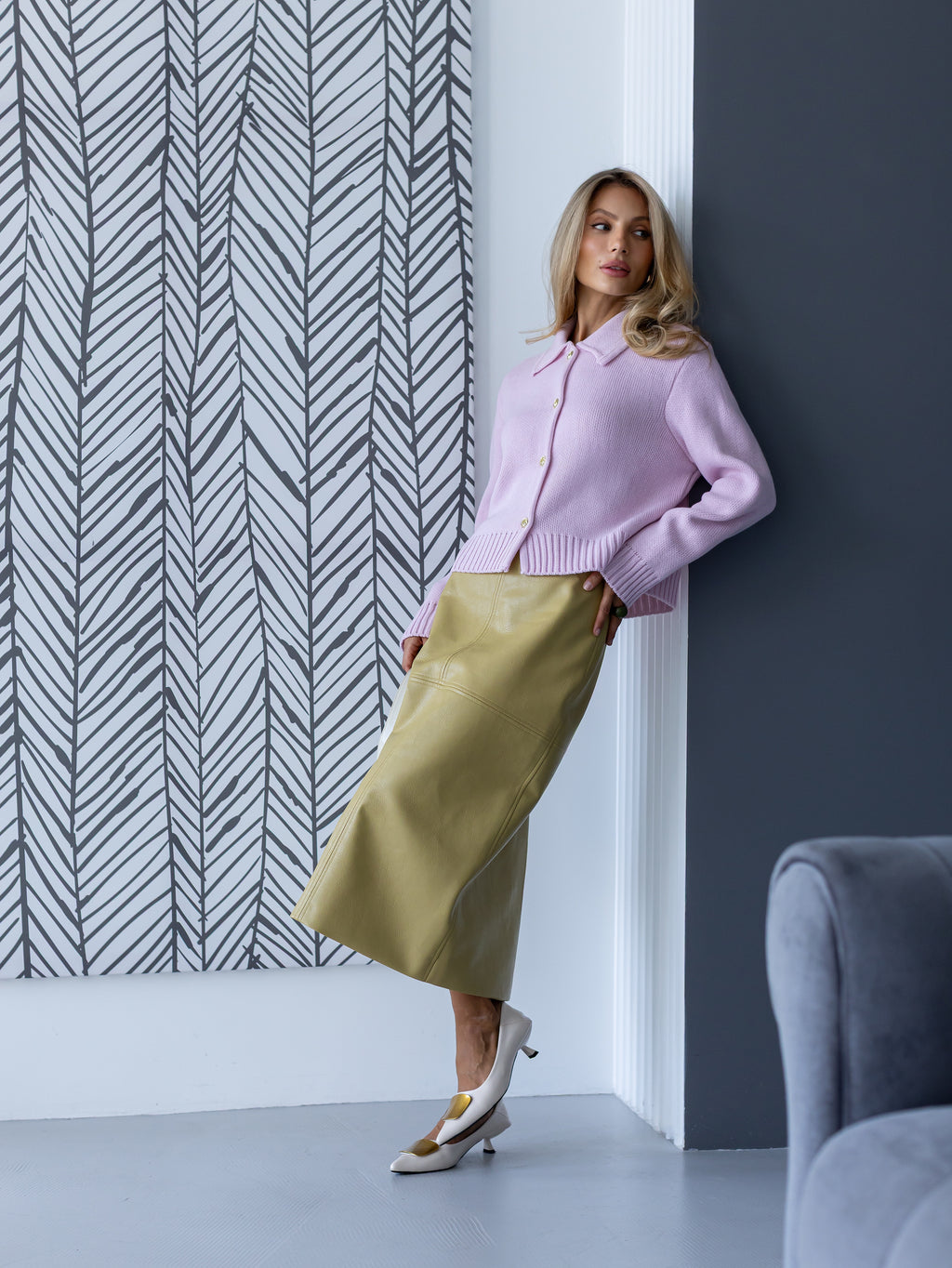 Women's Wool-Blend Collared Button Cardigan in pink, alternate view