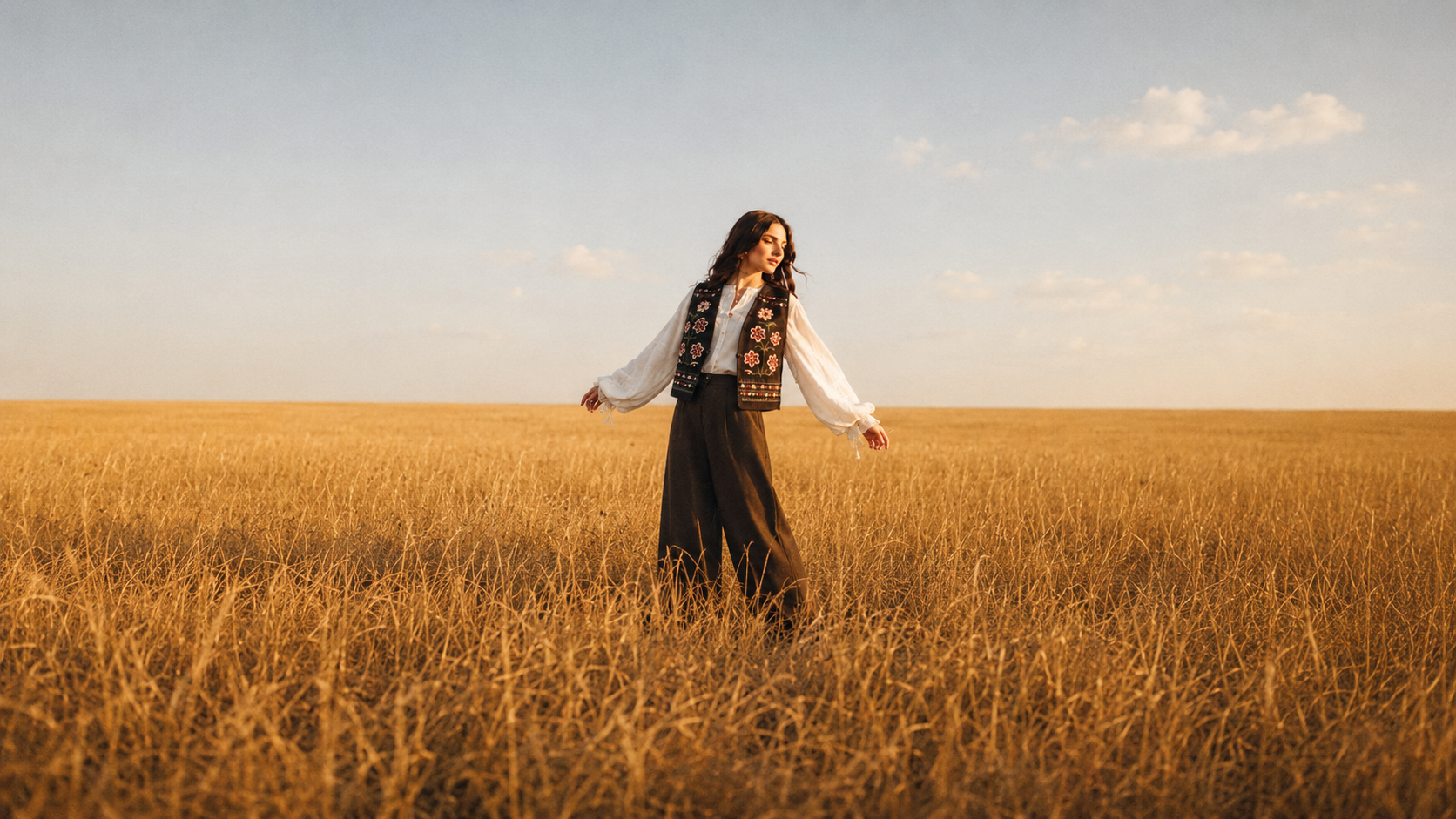 Omriyana embroidered fashion in a wheat field